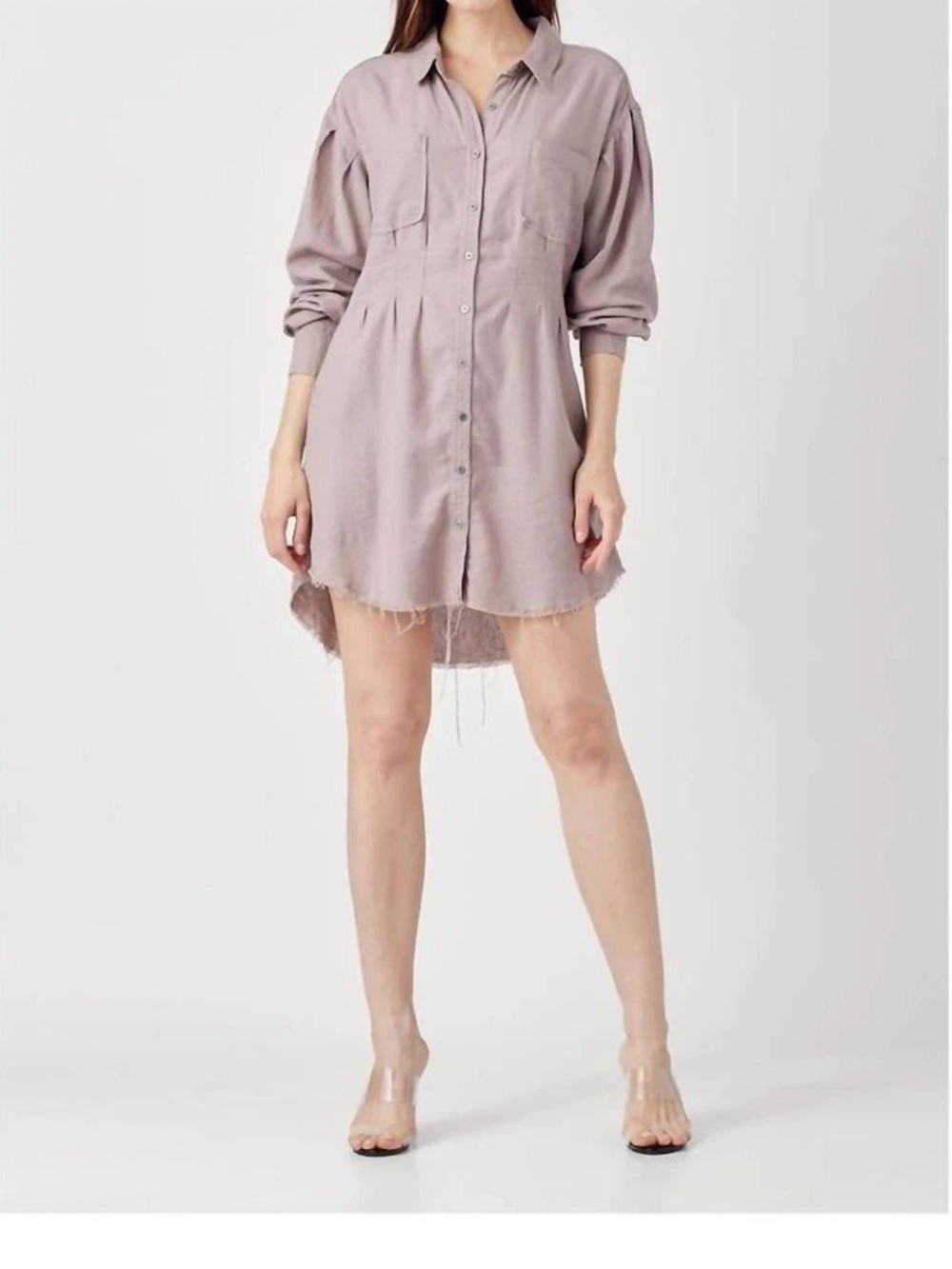 RISEN Linen Long-Sleeve Shirt Dress in Washed Mauve, Raw Hem